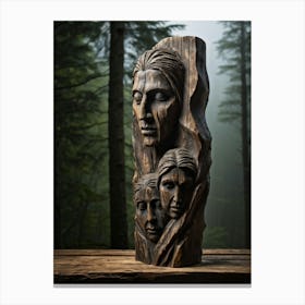 Weathered Wooden Sculpture Carved Human Features Detailed Grain Pattern Reminiscent Of Ancient Ar Canvas Print