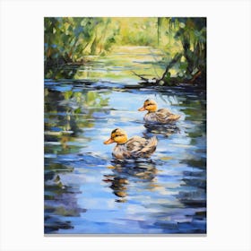 Ducklings Swimming In The River Impressionism 3 Canvas Print