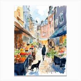 Food Market With Cats In Stockholm 4 Watercolour Canvas Print