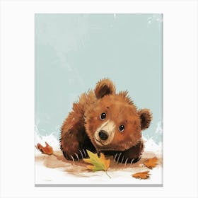 Brown Bear Cub Playing With A Fallen Leaf Storybook Illustration 4 Canvas Print