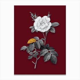 Vintage White Rose Black and White Gold Leaf Floral Art on Burgundy Red n.0879 Canvas Print