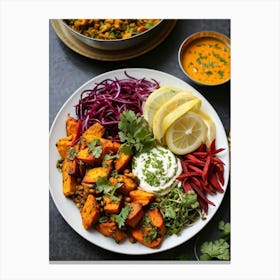 Assorted Indian Dishes Showcasing Freshness And Health Including A Vibrant Salad Of Julienned Carro Canvas Print