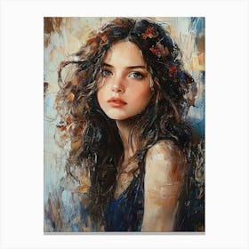 Portrait Of A Young, Dreamy Girl With Curly Brown Hair On A Mysterious Abstract Canvas Print