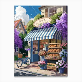 Anime Canvas Art: Charming Street-Side Bakery with Flower Shop, Vibrant Colors and Sunny Blue Sky, Perfect for Lofi Aesthetic and Small-Town Enthusiasts. Canvas Print