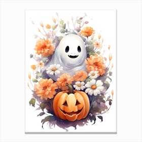 Cute Ghost With Pumpkins Halloween Watercolour 22 Canvas Print