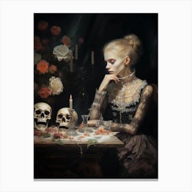 A Woman Sitting At Her Dining Table In Front Of Skeleton Canvas Print