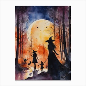 Mother Witch And Daughters Play in Autumn Woods ~ Witchy Outing Witches Family Girls Spooky Vintage Halloween Artwork Fairytale Watercolour Watercolor Canvas Print