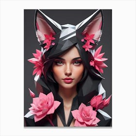 Low Poly Fox Girl,Black And Pink Flowers (4) Canvas Print