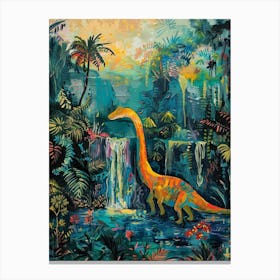 Dinosaur By A Waterfall Landscape Painting 1 Canvas Print
