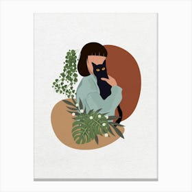 Minimal art Illustration Of A Woman Holding A Cat and plant Canvas Print