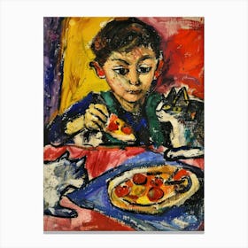 Portrait Of A Boy With Cats Having Pizza 1 Canvas Print