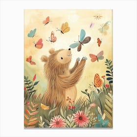 Sloth Bear Cub Playing With Butterflies Storybook Illustration 4 Canvas Print