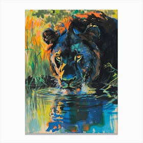 Black Lion Drinking From A Watering Hole Fauvist Painting 4 Canvas Print