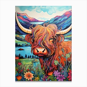 Colourful Illustration Of Highland Cow On Clear Day 1 Canvas Print