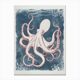 Navy Blue & Red Linocut Inspired Octopus 6 Canvas Print