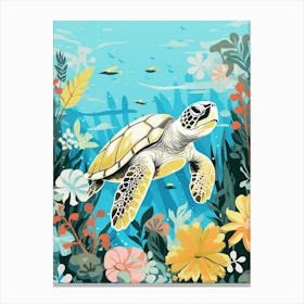 Modern Illustration Of Sea Turtle & Flowers 3 Canvas Print