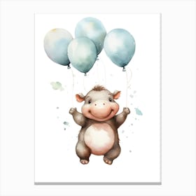 Baby Hippopotamus Flying With Ballons, Watercolour Nursery Art 3 Canvas Print