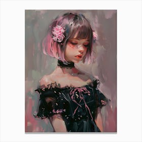 Anime Girl In Black Dress - Eye Closed Canvas Print