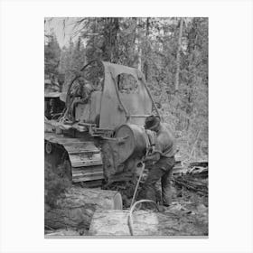 Grant County, Oregon, Malheur National Forest, Lumberjack Hitching A Cable To Log So That Caterpillar Tractor Can Snak Canvas Print