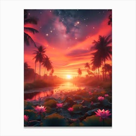 Sunset With Lotus Lilies Canvas Print