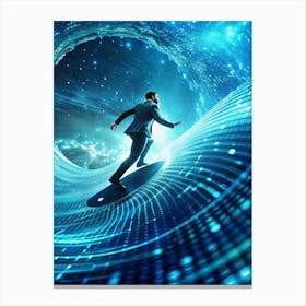 A Businessman In A Suit Running On A Surfboard Through A Futuristic Tunnel Of Binary Code Against A Starry Sky Canvas Print