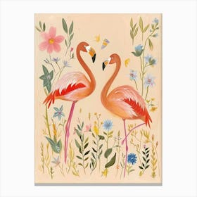Folksy Floral Animal Drawing Flamingo Canvas Print