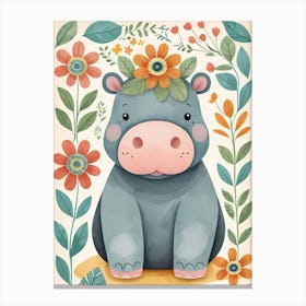 Floral Baby Hippo Nursery Illustration (42) Canvas Print
