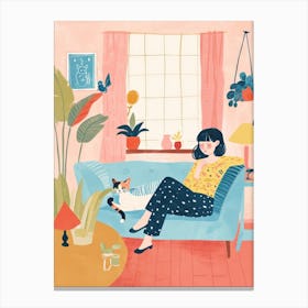 Girl In The Sofa With Pets Tv Lo Fi Kawaii Illustration 4 Canvas Print