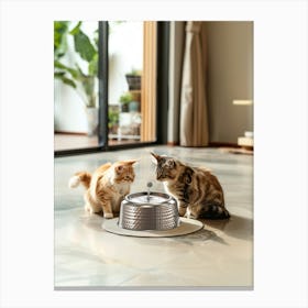 Two Cats Are Playing With A Stainless Steel Fountain, Beige Minimalist Modern Decoration, Modern Living Space In Kuno Amit Style, Eos R6 Mark Ii, Distant View, Panorama Lienzo