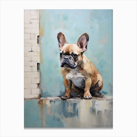 French Bulldog Dog, Painting In Light Teal And Brown 1 Canvas Print
