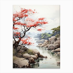 Rikugien Garden In Tokyo, Japanese Brush Painting, Ukiyo E, Minimal 2 Canvas Print