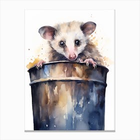 Light Watercolor Painting Of A Possum In Trash Can 1 Canvas Print