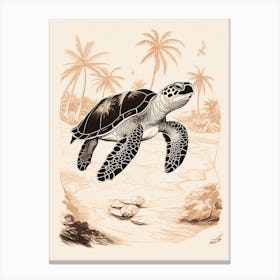 Neutral Tones Sea Turtle Line Illustration Retro Canvas Print