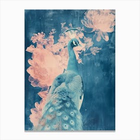 Vintage Floral Peacock Cyanotype Inspired 3 Canvas Print