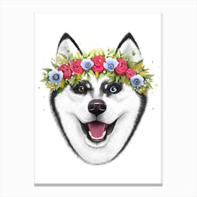 Husky With Flowers Canvas Print