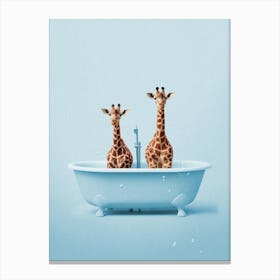 Giraffes In A Bath Blue Print Canvas Print
