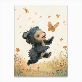 Sloth Bear Cub Chasing After A Butterfly Storybook Illustration 1 Canvas Print