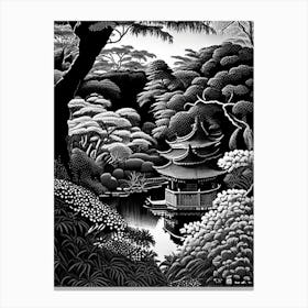 Rikugien Gardens, Japan Linocut Black And White Vintage Canvas Print