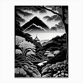 Kairakuen, Japan Linocut Black And White Vintage Canvas Print