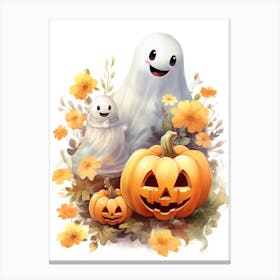 Cute Ghost With Pumpkins Halloween Watercolour 160 Canvas Print