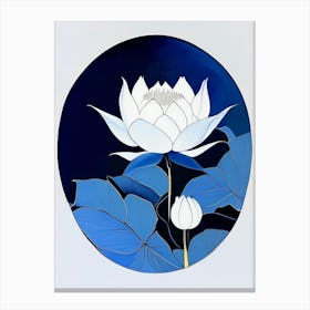 Lotus And Moon Symbol Blue And White Line Drawing Canvas Print