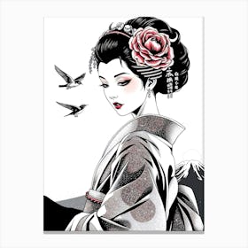 Geisha And Birds Canvas Print