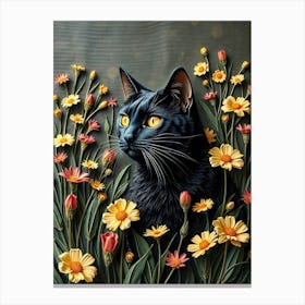 Black Cat In Flowers - Painting Canvas Print