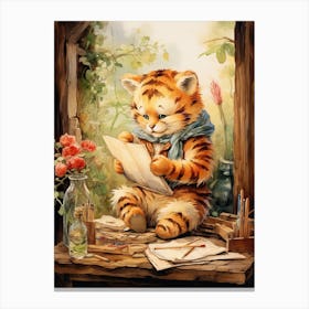 Tiger Illustration Woodworking Watercolour 4 Canvas Print