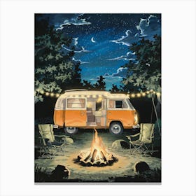 Anime Canvas Art: Cozy Camper Van at Night with Campfire, String Lights, and Starry Sky, Perfect for Lofi Aesthetic and Peaceful Outdoor Lovers. Canvas Print