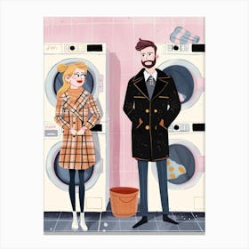 Cartoon Couple In The Laundry Room Canvas Print