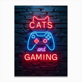 Neon Cats And Gaming Sign Video Game Poster Canvas Wall Room Decor Canvas Print