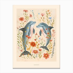 Folksy Floral Animal Drawing Dolphin 3 Poster Canvas Print