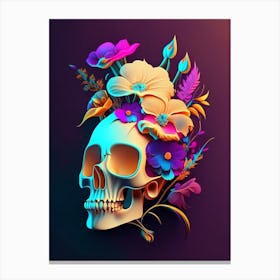 Skull With Neon 2 Accents Vintage Floral Canvas Print
