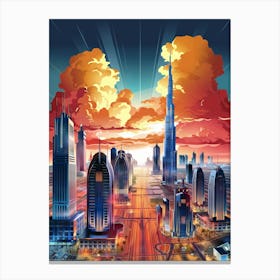 Anime Canvas Art: Vibrant Dubai Cityscape at Sunset, Skyscrapers Bathed in Golden Light, Dramatic Fiery Clouds and Glowing Streets, Perfect for Lofi Urban Aesthetic and Skyline Enthusiasts. Stampe su tela